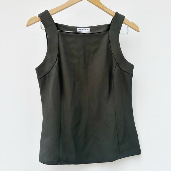 Giorgio Armani Authentic Designer Square Neck Tank Blouse Olive Green 6 Silk - Picture 1 of 9